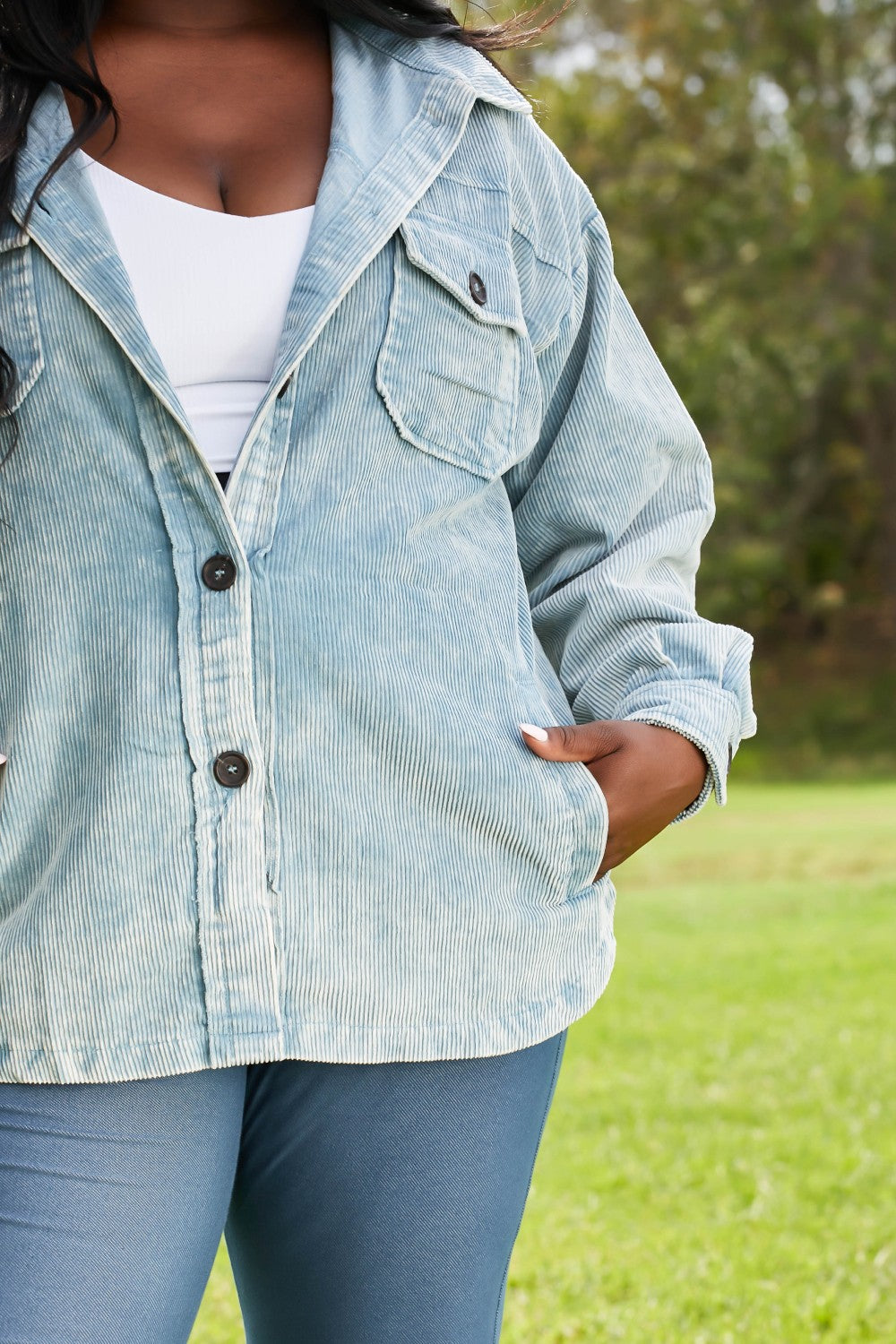 Zenana Corn Maze Full Size Vintage Washed Corduroy Shacket in Blue Grey
