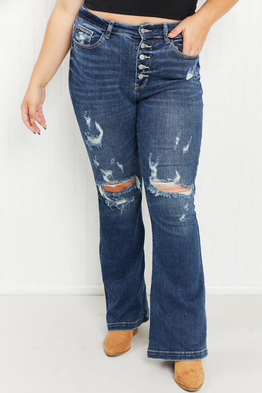 Judy Blue Ophelia Full Size Mid-Rise Destroyed Flare Jeans